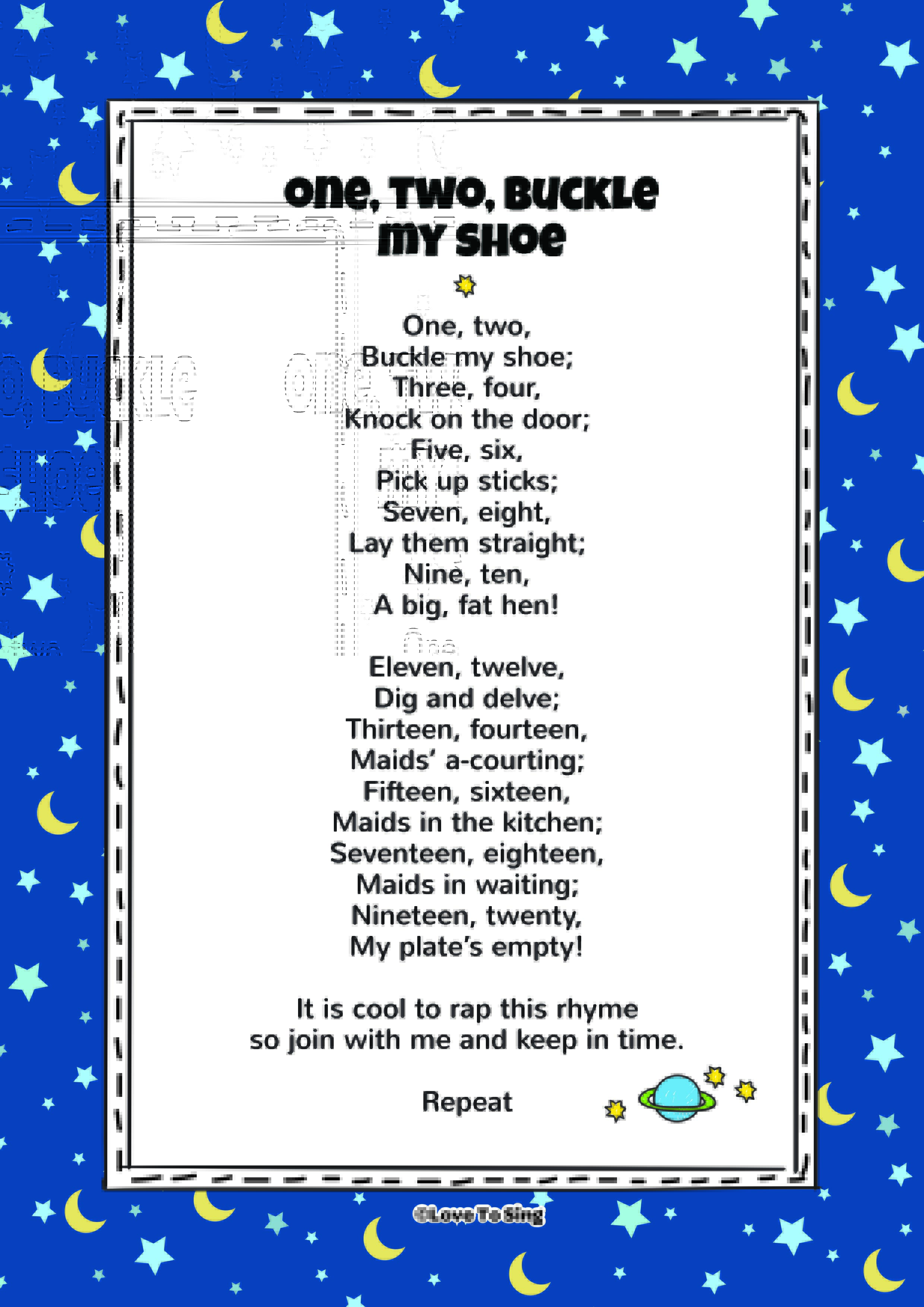 One two buckle my shoe kids video song with free lyrics activities