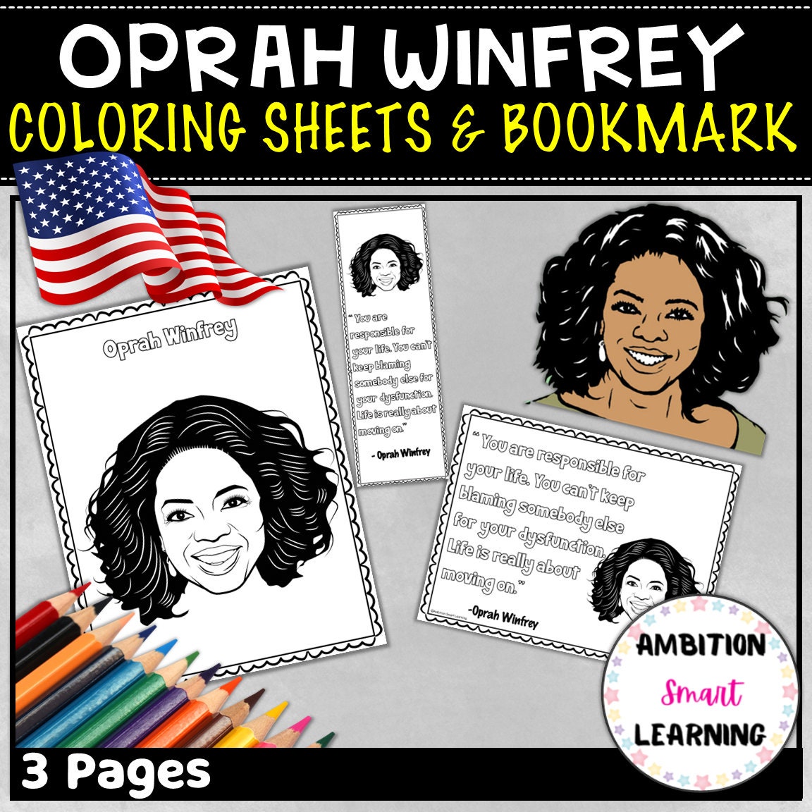 Oprah winfrey black history month coloring sheets and bookmarks