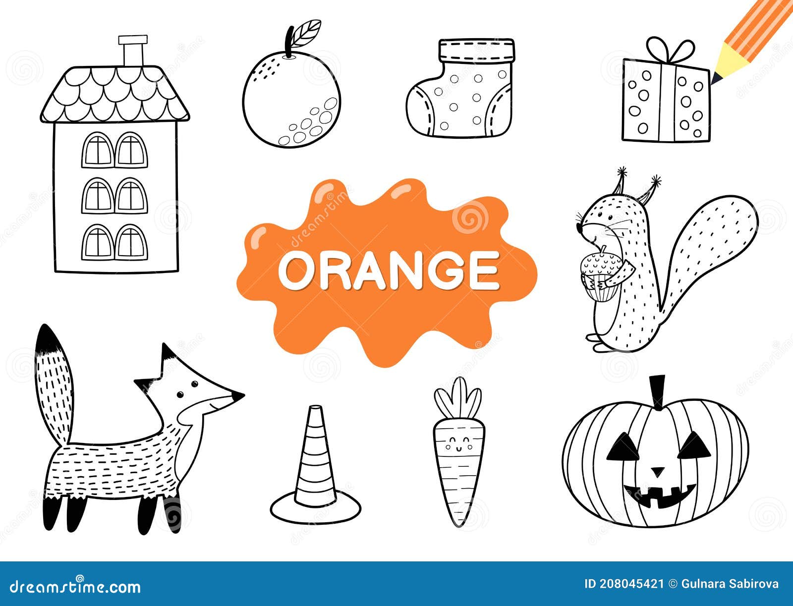 Color the elements in orange coloring page for kids stock vector
