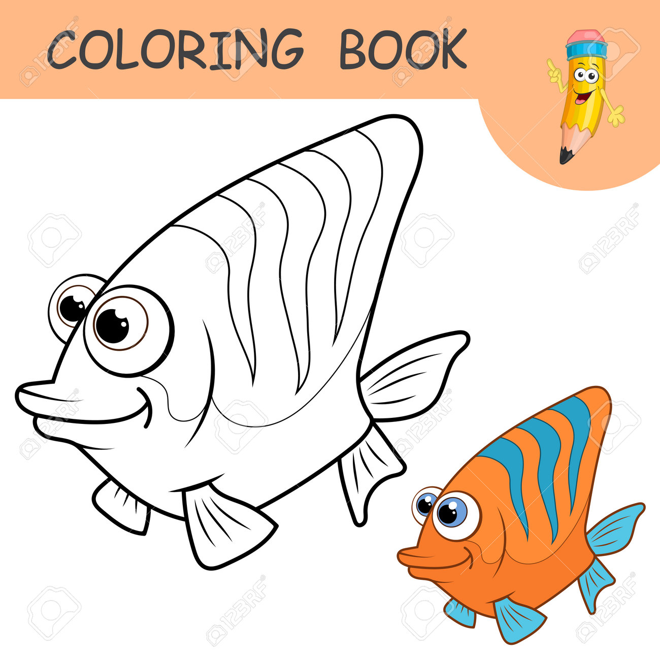 Coloring book with funny orange fish colorless and color samples coral fish on coloring page for kids coloring design in cute cartoon style black contour silhouette with a sample for coloring royalty