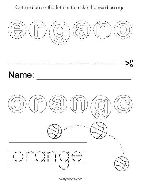 Cut and paste the letters to make the word orange coloring page
