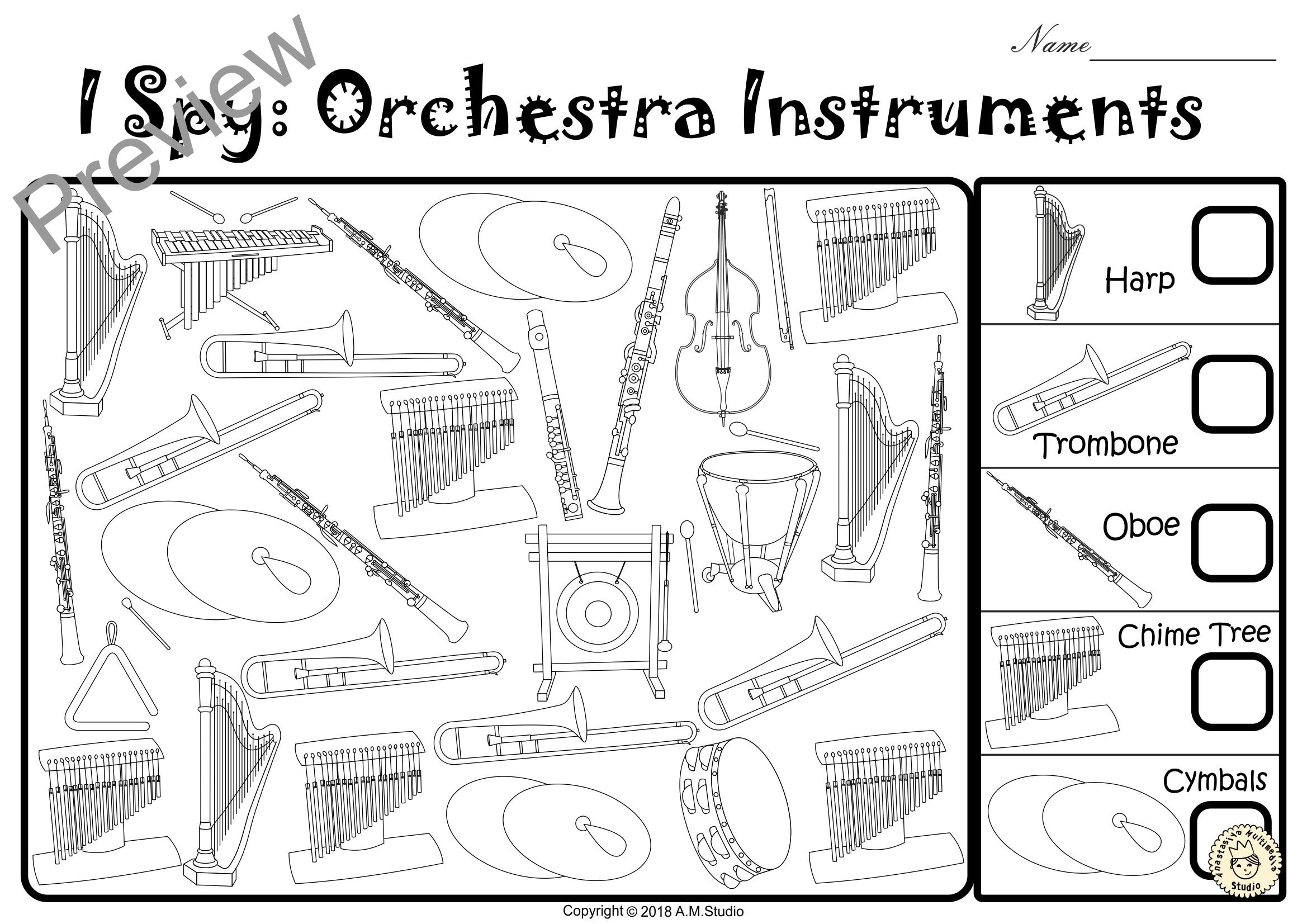 I spy orchestra instruments coloring games