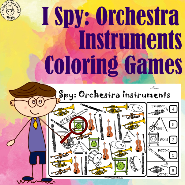I spy orchestra instruments coloring games