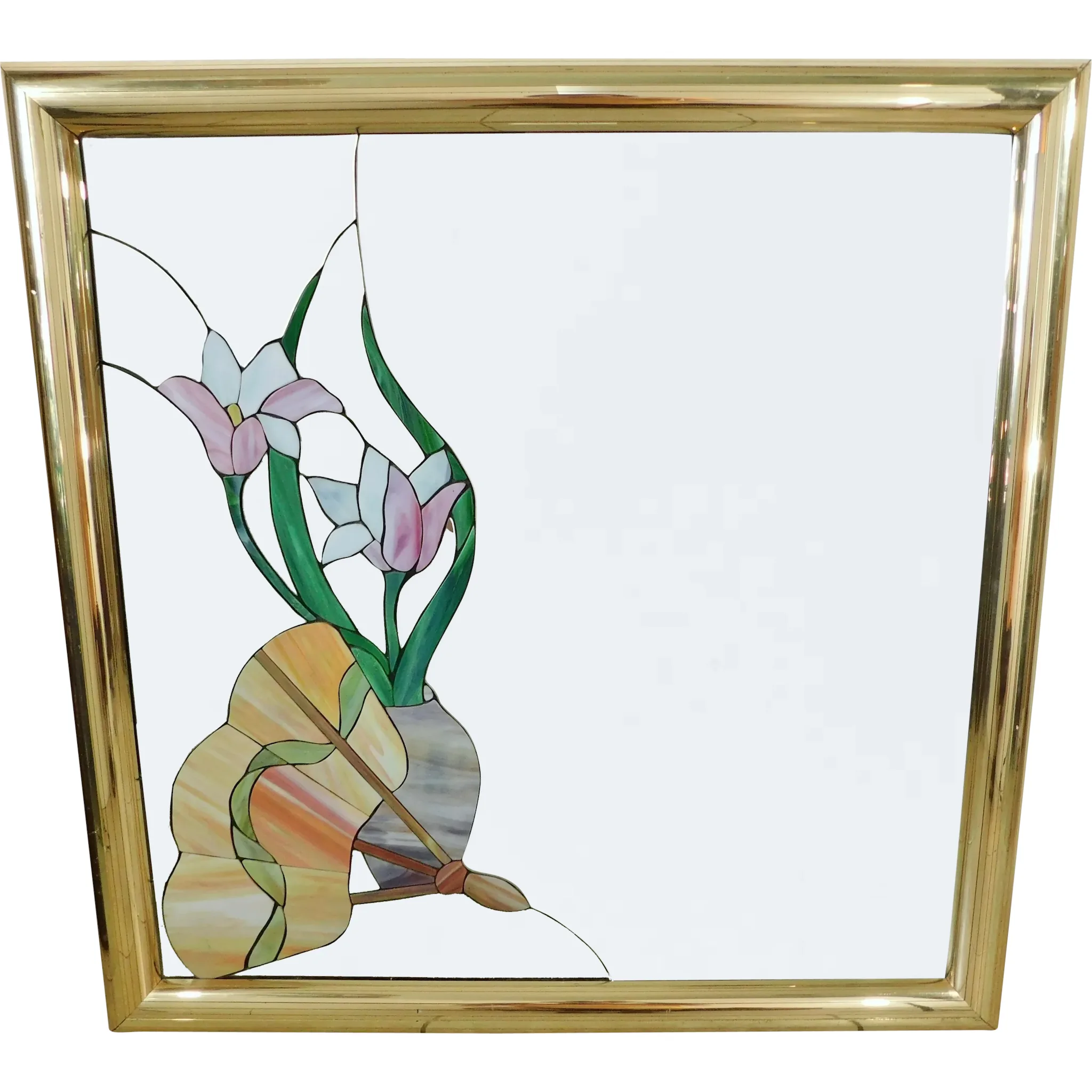 Large vintage s stained glass floral wall mirror gold frame