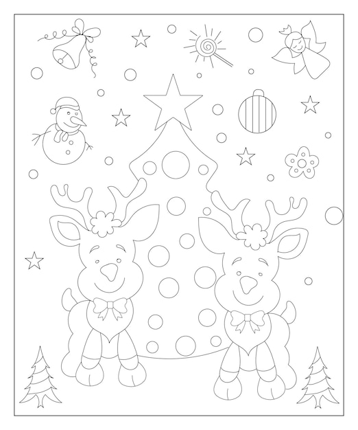 Premium vector coloring page of a decorated christmas tree with gifts vector black and white illustration on white