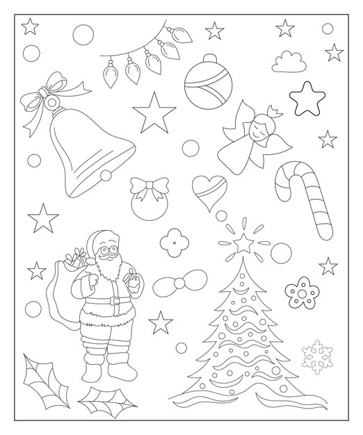 Premium vector coloring page of a decorated christmas tree with gifts vector black and white illustration