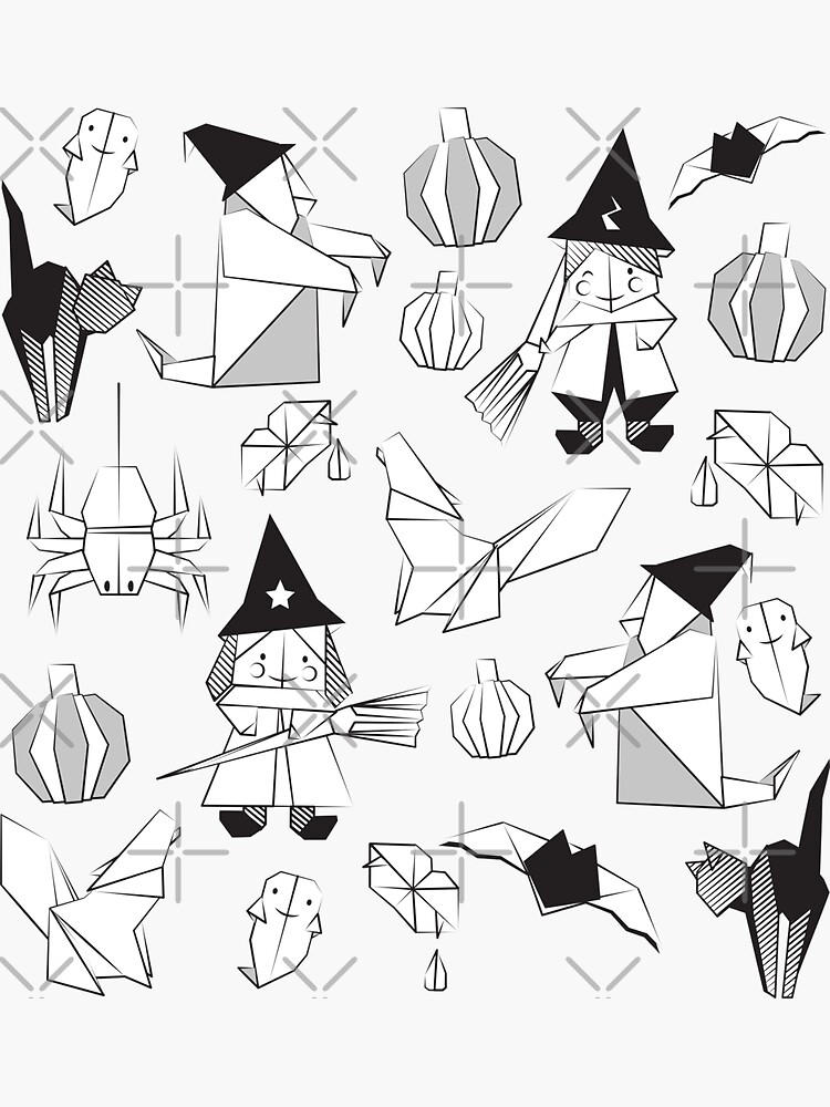 Halloween origami tricks violet background black and white paper geometric witches cats ghosts spiders wolfs bats dracula lips and pumpkins sticker for sale by selmacardoso