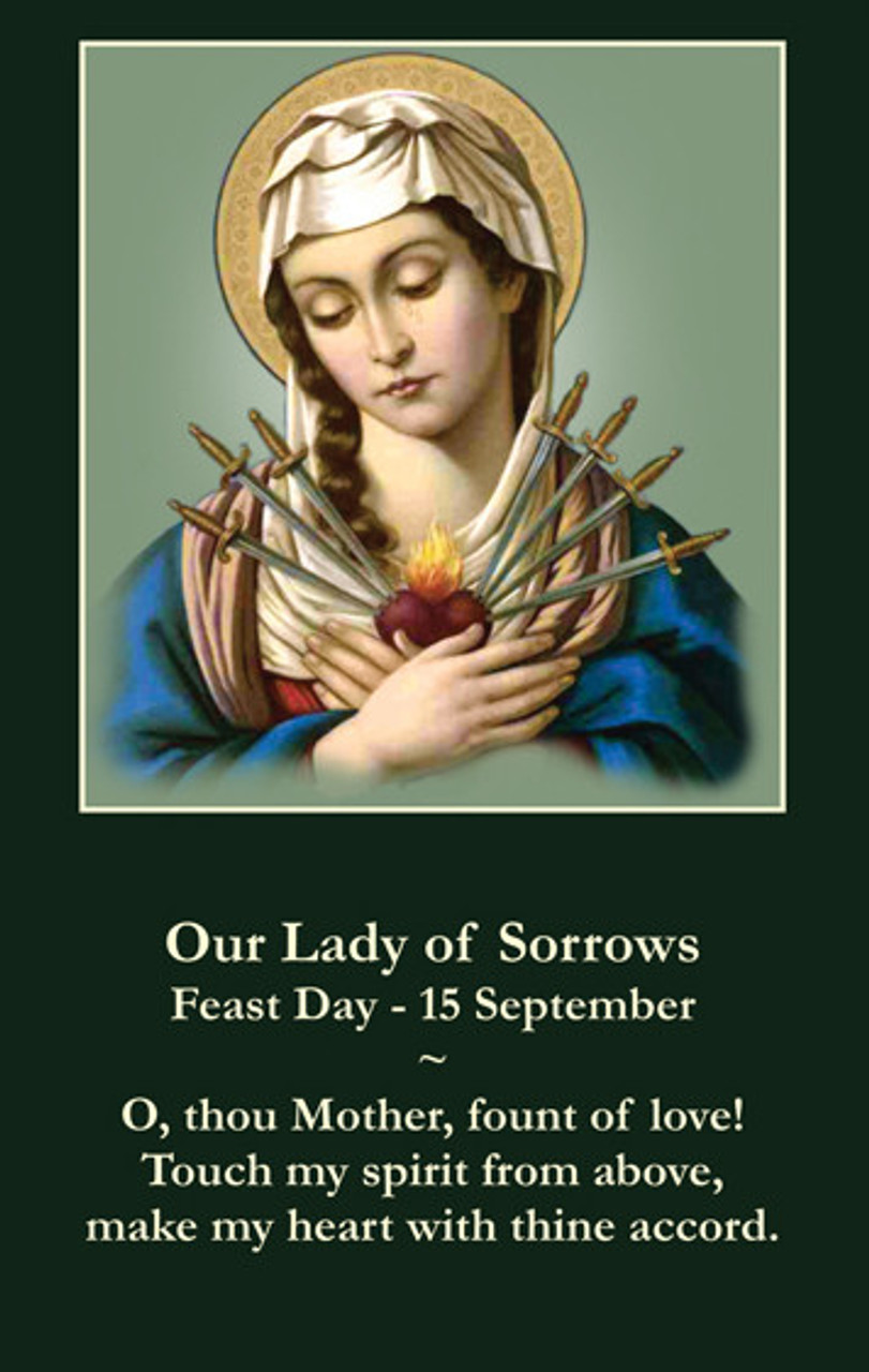 Our lady of sorrows prayer card with seven sorrows of the blessed mother