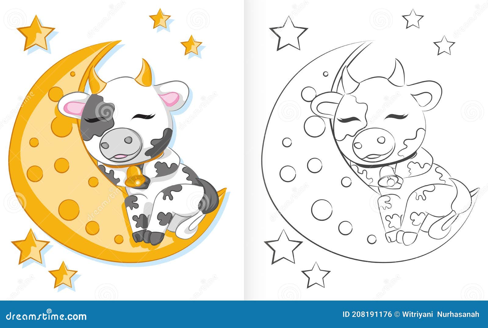 Coloring book for children cute cartoon bull is sleeping on the moon stock vector