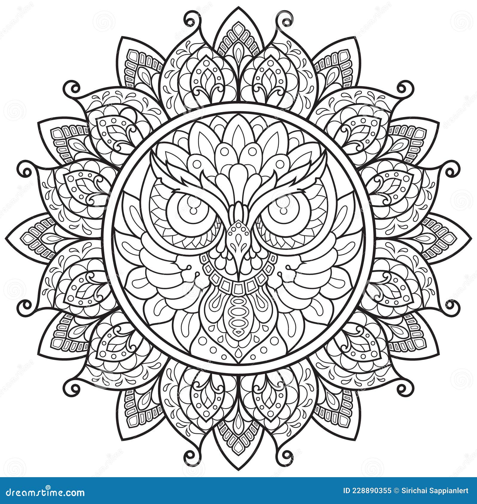Owl mandala coloring pages stock vector