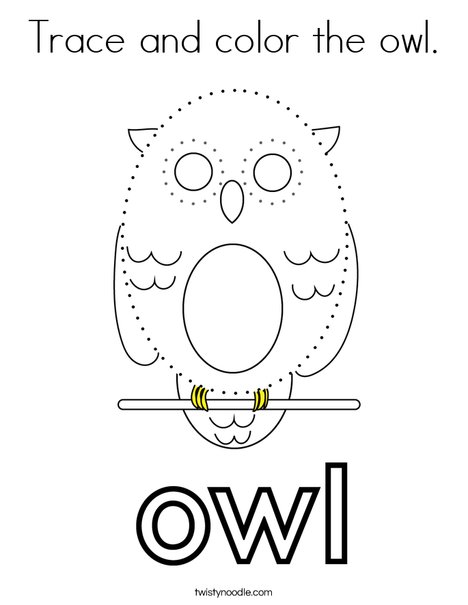 Trace and color the owl coloring page