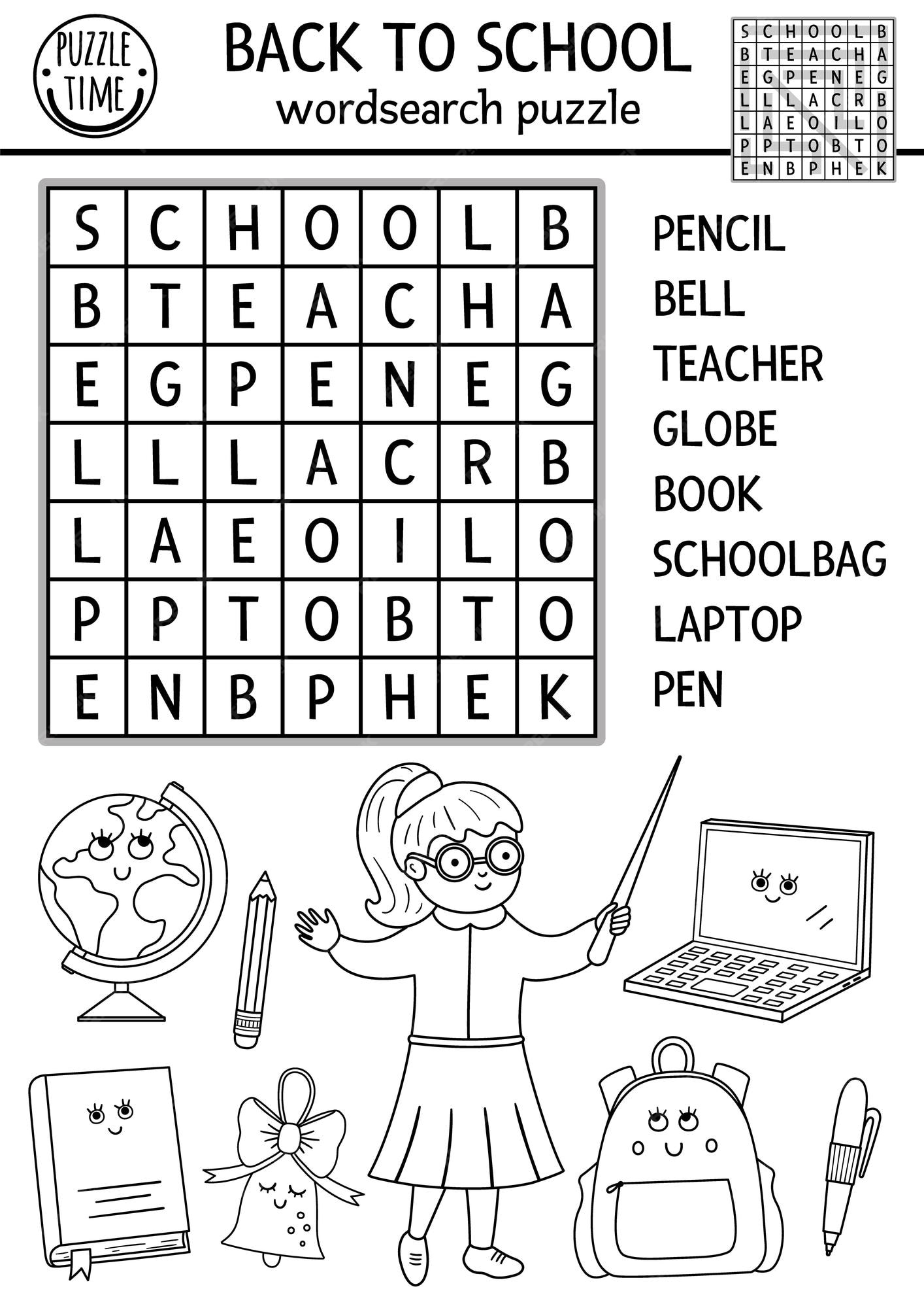 Premium vector vector black and white back to school wordsearch puzzle for kids simple autumn outline crossword or coloring page educational keyword activity with teacher and smiling kawaii school objects xa