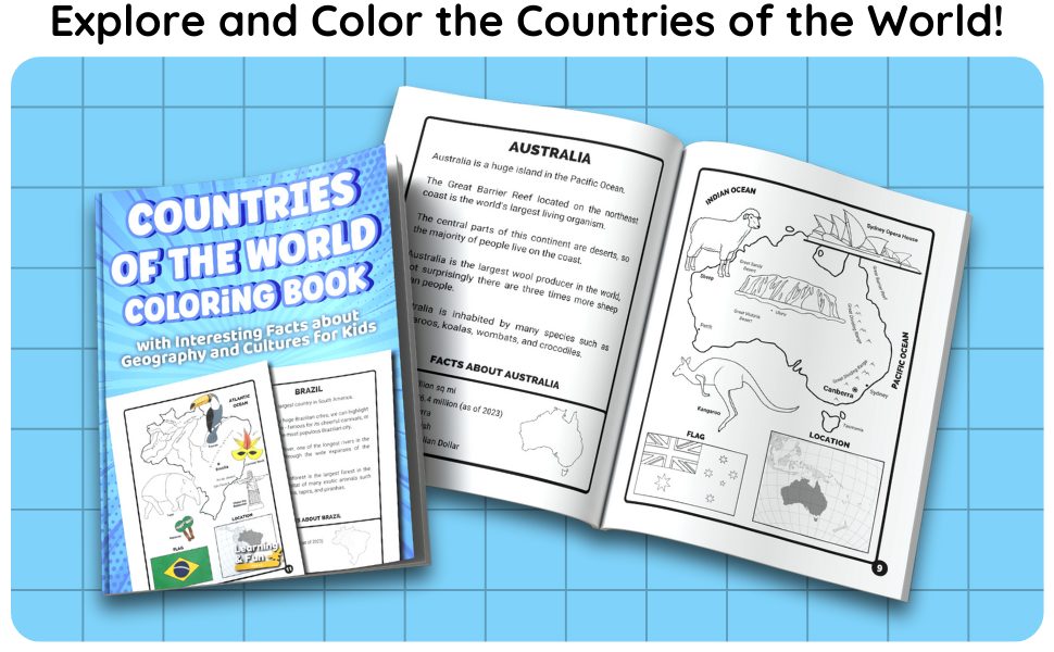 Countries of the world coloring book educational map coloring book with interesting facts about geography and cultures for kids press learning fun books