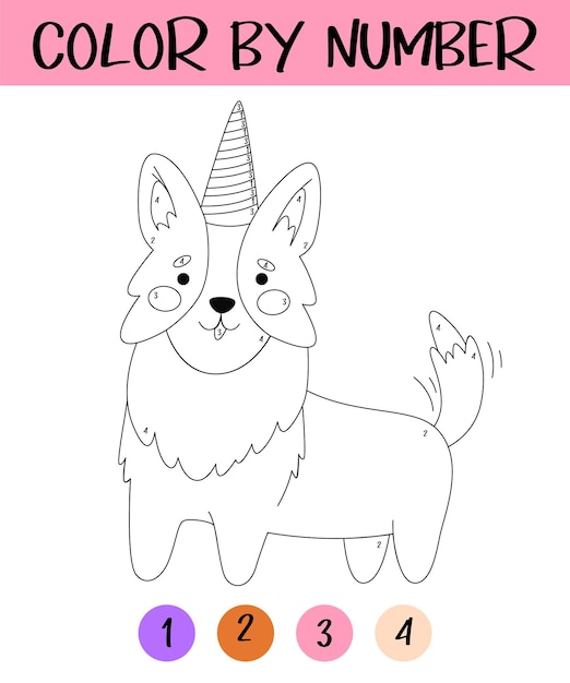 Premium vector color by number game for kids cute corgi with star happy little puppy coloring book kawaii dog printable worksheet with solution for school and preschool learning numbers activity