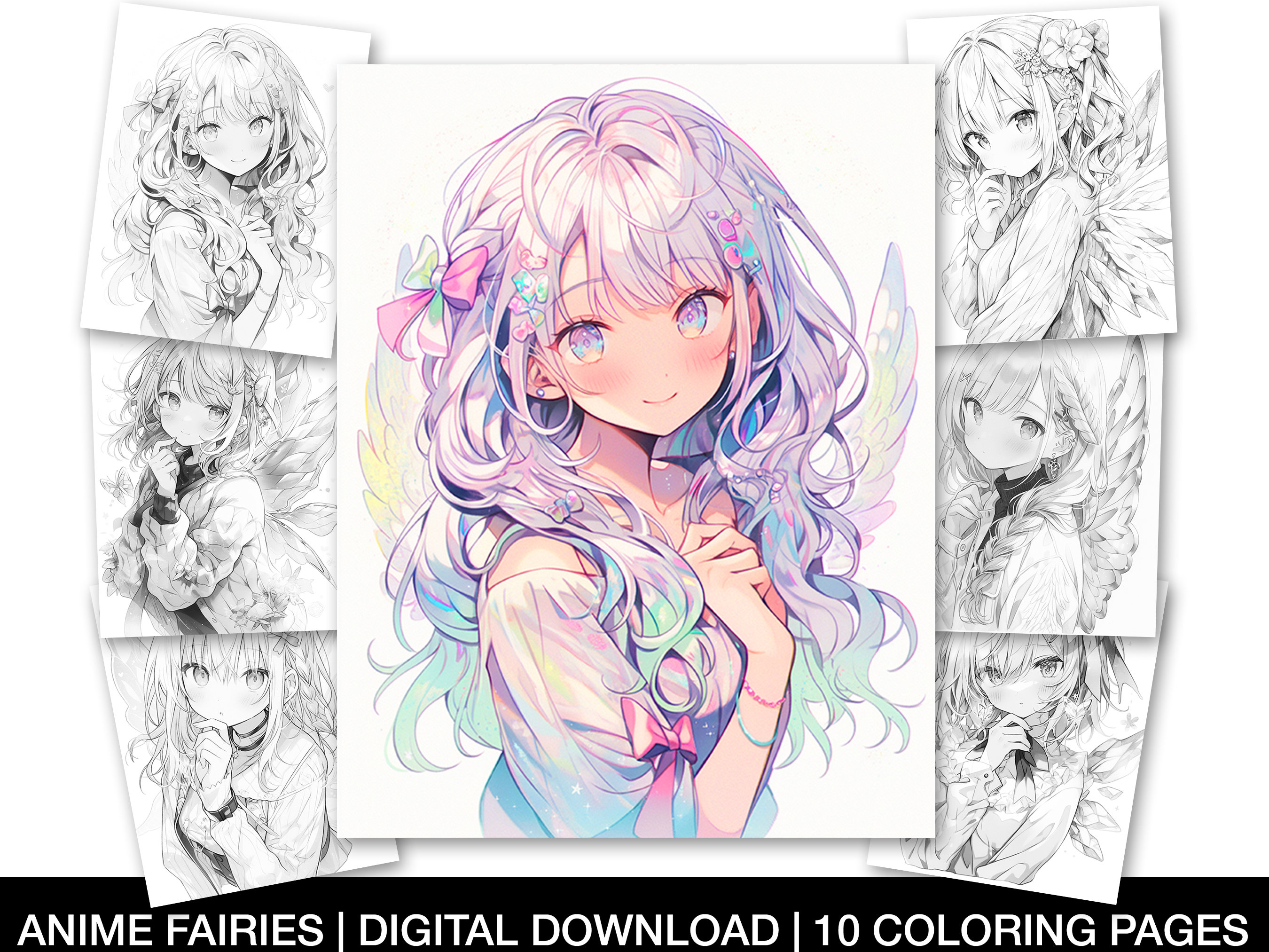 Anime fairies coloring pages for adults printable anime fairy sheets grayscale fantasy japanese fairy coloring page instant download