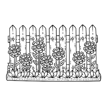 Premium vector fence with flower spring coloring page for adults