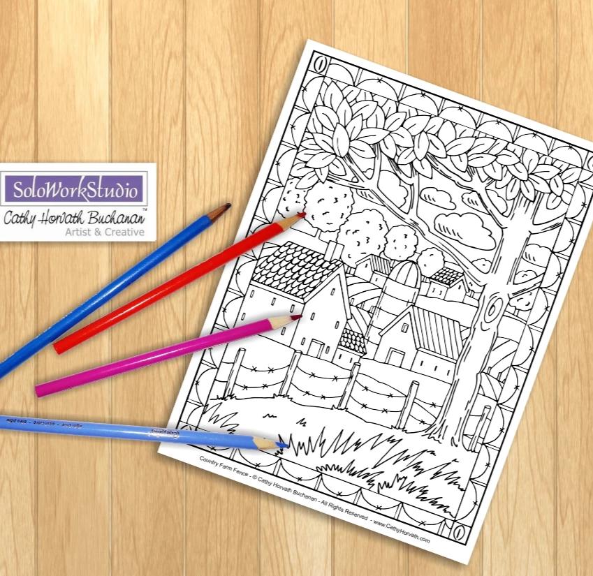 Rural farm country folk art landscape coloring pages pdf download pri â soloworkstudio