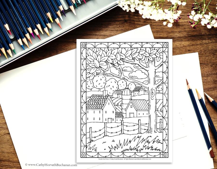 Folk art town country landscape coloring pages pack printable pdf â soloworkstudio