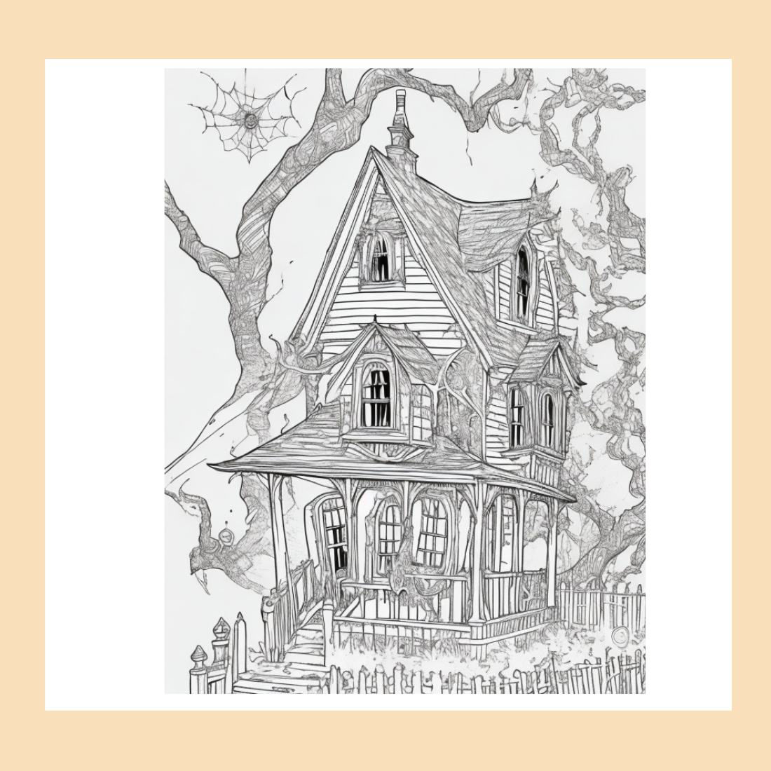 A haunted house with ghosts and cobwebs coloring page for adult