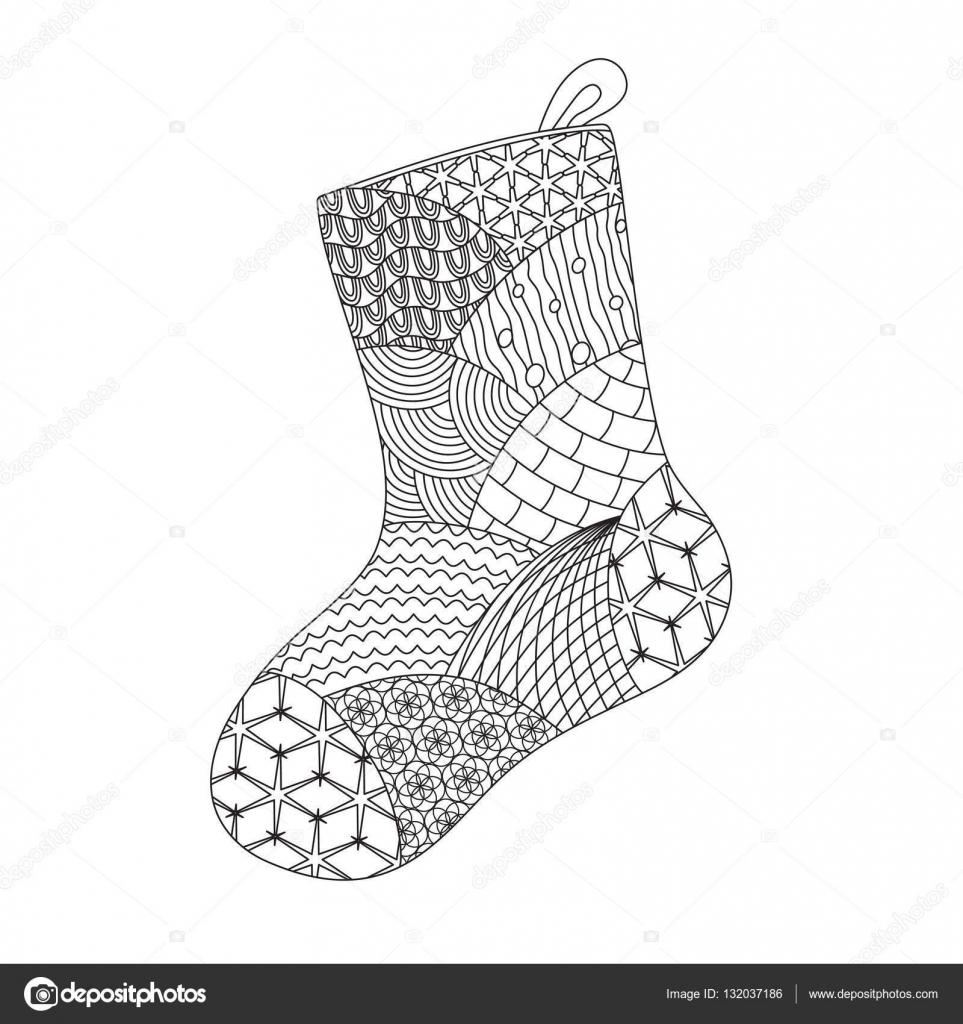 Hand drawn christmas sock or boot with doodle decorative stars black and white pattern for coloring book holiday greeting cards print or wrapping paper vector illustration stock vector by werikbgmail