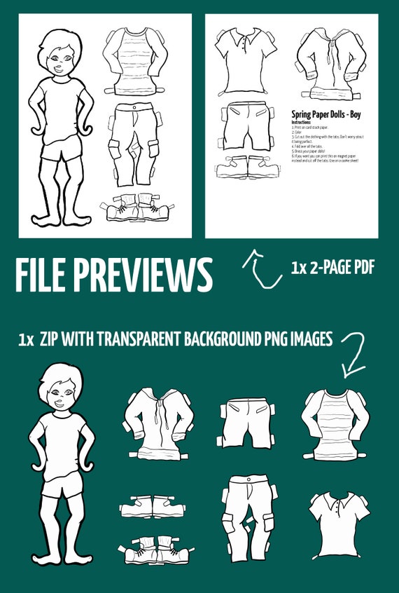Printable paper dolls spring boy spring paper craft template and coloring pages for kids paper toy for boys pdf instant download