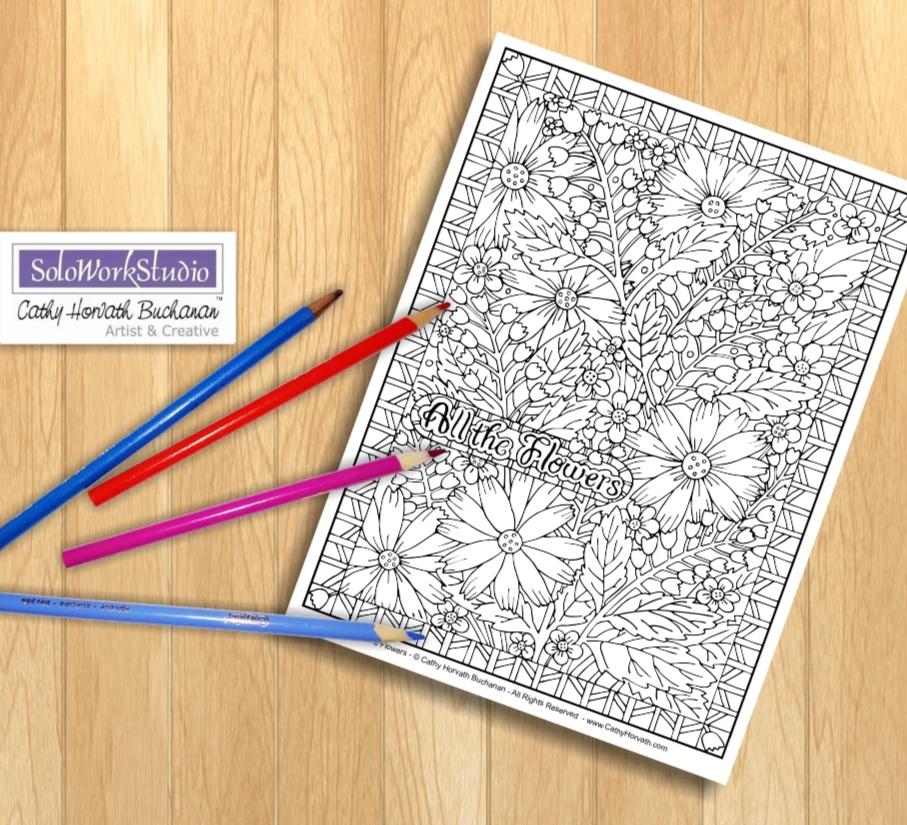 Flower art coloring page floral pattern w border pdf printable downl â soloworkstudio