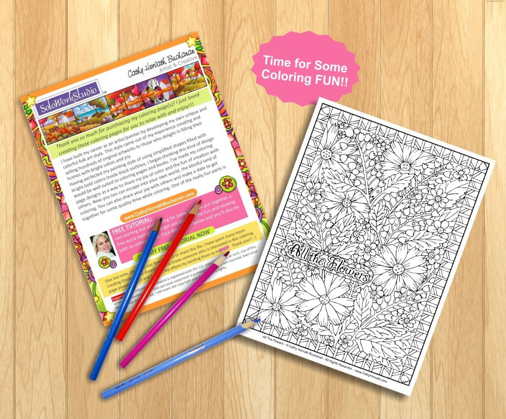 Flower art coloring page floral pattern w border pdf printable downl â soloworkstudio
