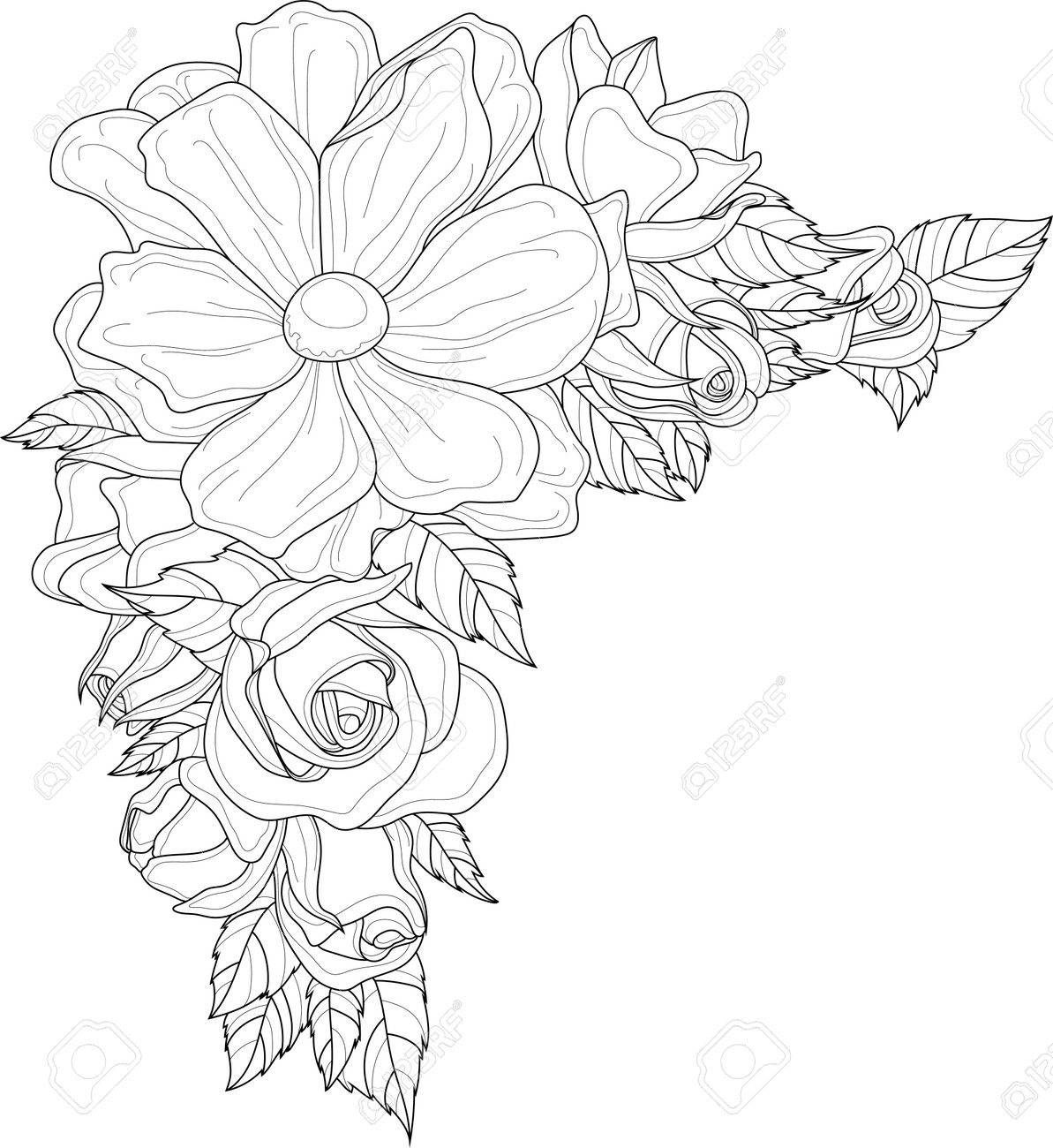Realistic rose and peony flower bouquet with leafs sketch template border corner frame vector illustration in black and white for games background pattern decor coloring paper page story book royalty free svg