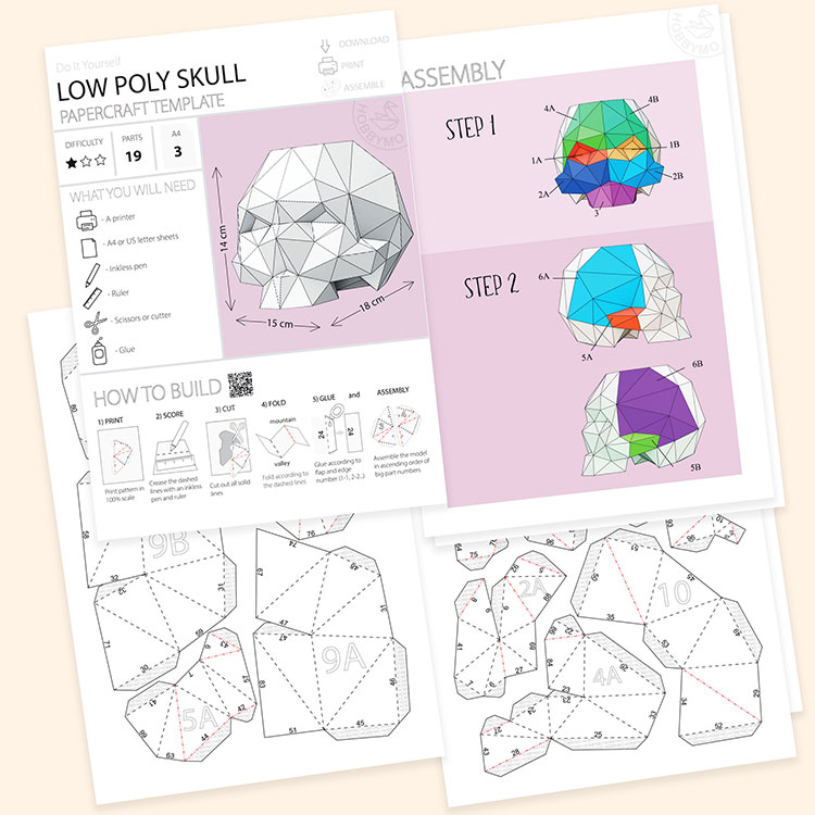 Low poly skull box d papercraft template