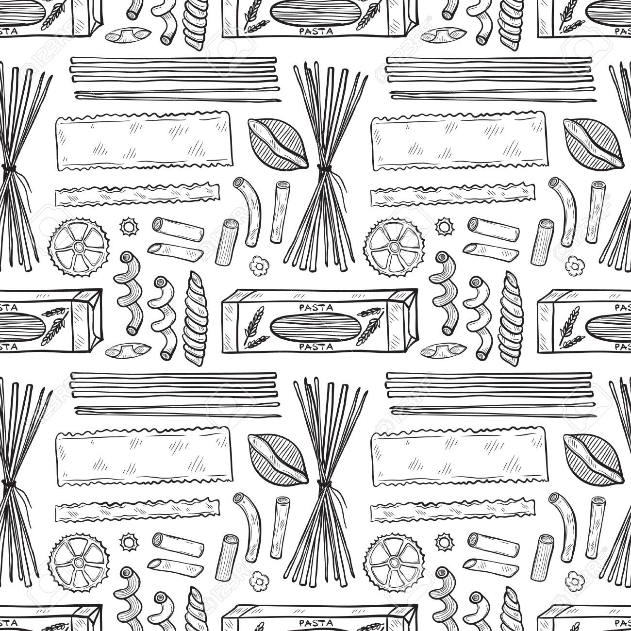 Seamless pattern with different types of pasta vector food illustration may use as a coloring page royalty free svg cliparts vectors and stock illustration image
