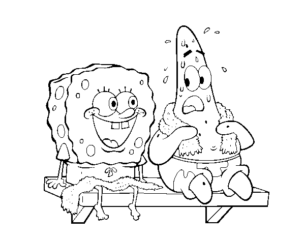 Dibujo de bob esponja y patricio en baãador para colorear