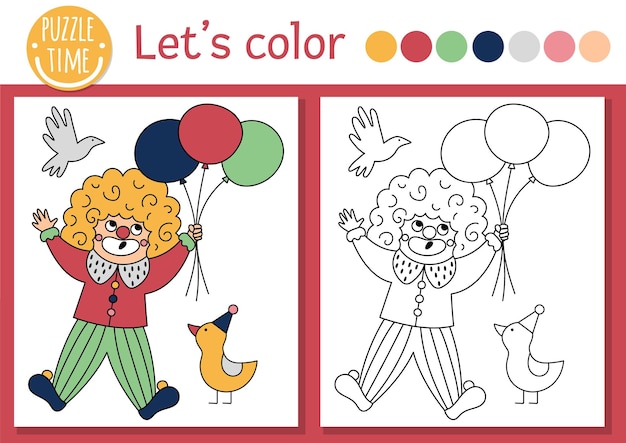 Premium vector circus coloring page for children with clown flying with balloons vector amusement show outline illustration with cute stage performer color book for kids with colored examplexa