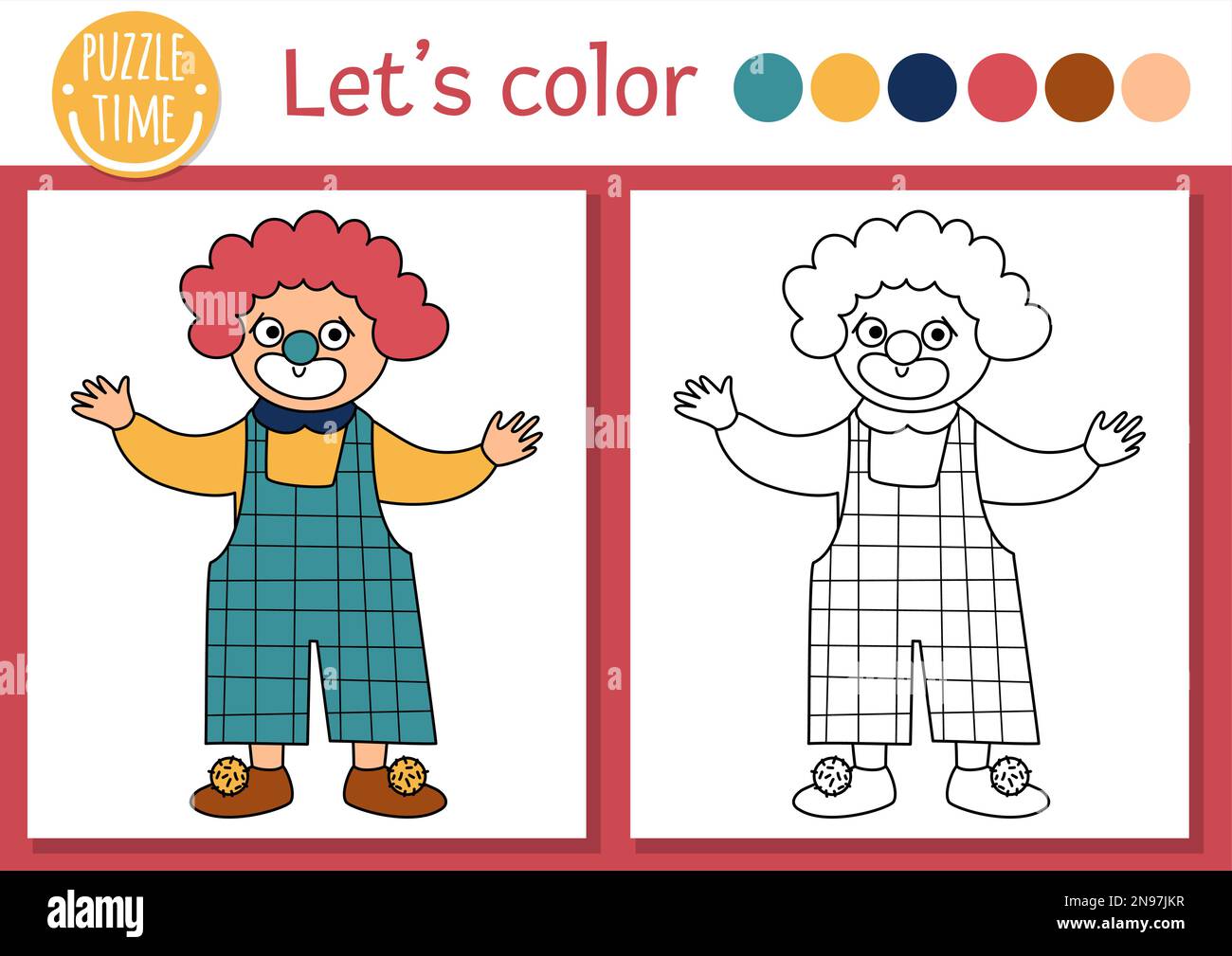 Circus coloring page for children with clown vector amusement show outline illustration with cute stage performer color book for kids with colored e stock vector image art