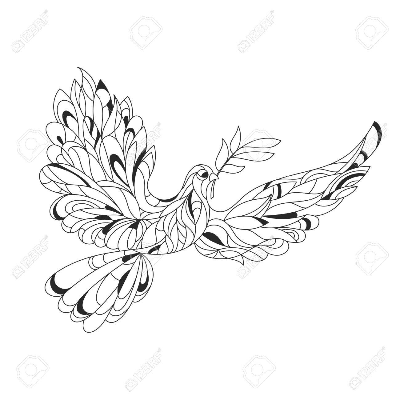Vector monochrome hand drawn zentagle illustration of peace dove with olive branch coloring page with high details isolated on white background royalty free svg cliparts vectors and stock illustration image
