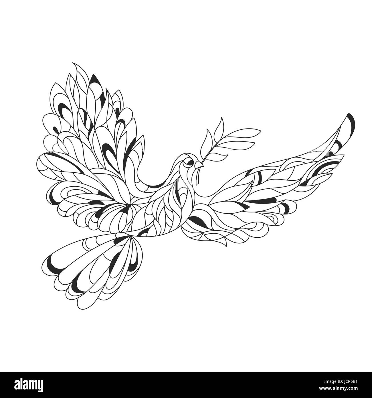 Vector monochrome hand drawn zentagle illustration of peace dove with olive branch coloring page with high details isolated on white background stock vector image art
