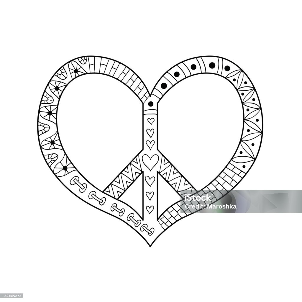 Hippie vintage peace symbol in ornamental style for adult anti stress coloring page with high details stock illustration