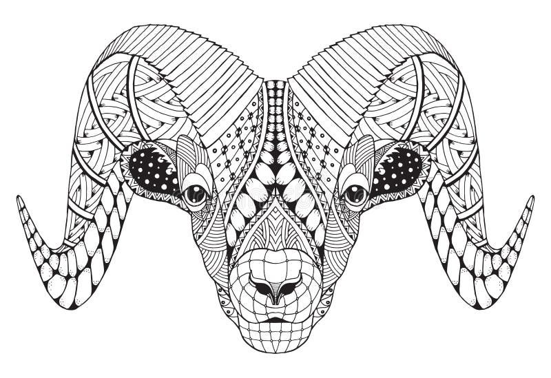 Lo zentangle dirto della montagna rocciosa della ram maschio delle pecore bighorn stilizza illustrazione vettoriale