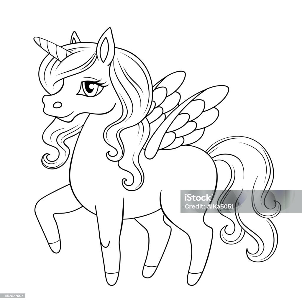 Fairy tale pegasus pony princess unicorn black and white vector illustration for coloring book stock illustration