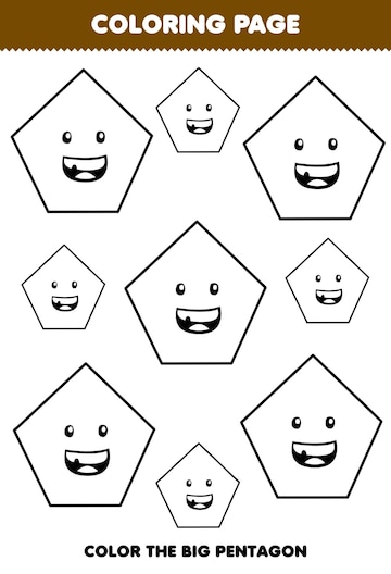 Premium vector education game for children coloring page big or small picture of geometric shape pentagon line art printable worksheet