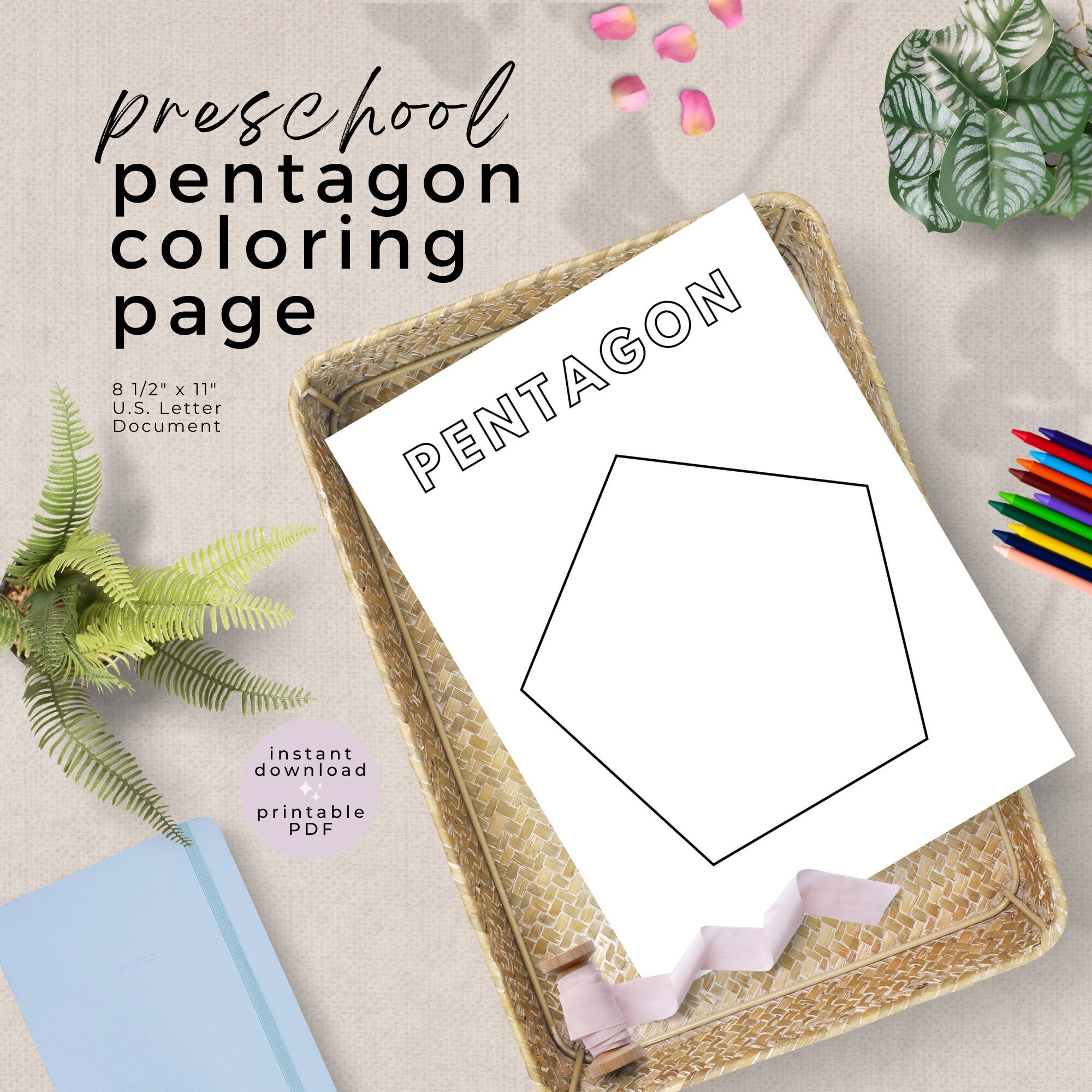Pentagon shape coloring page printable preschool pentagon coloring sheet basic shape practice activity worksheet instant download pdf