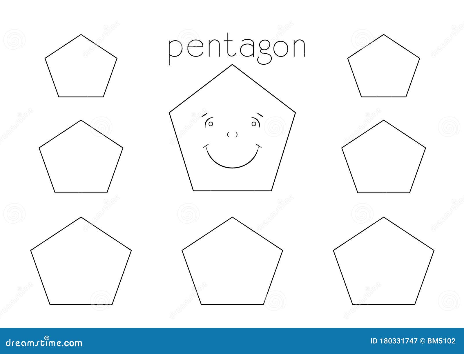 Basic shapes coloring page for kids cartoon pentagon with face stock illustration