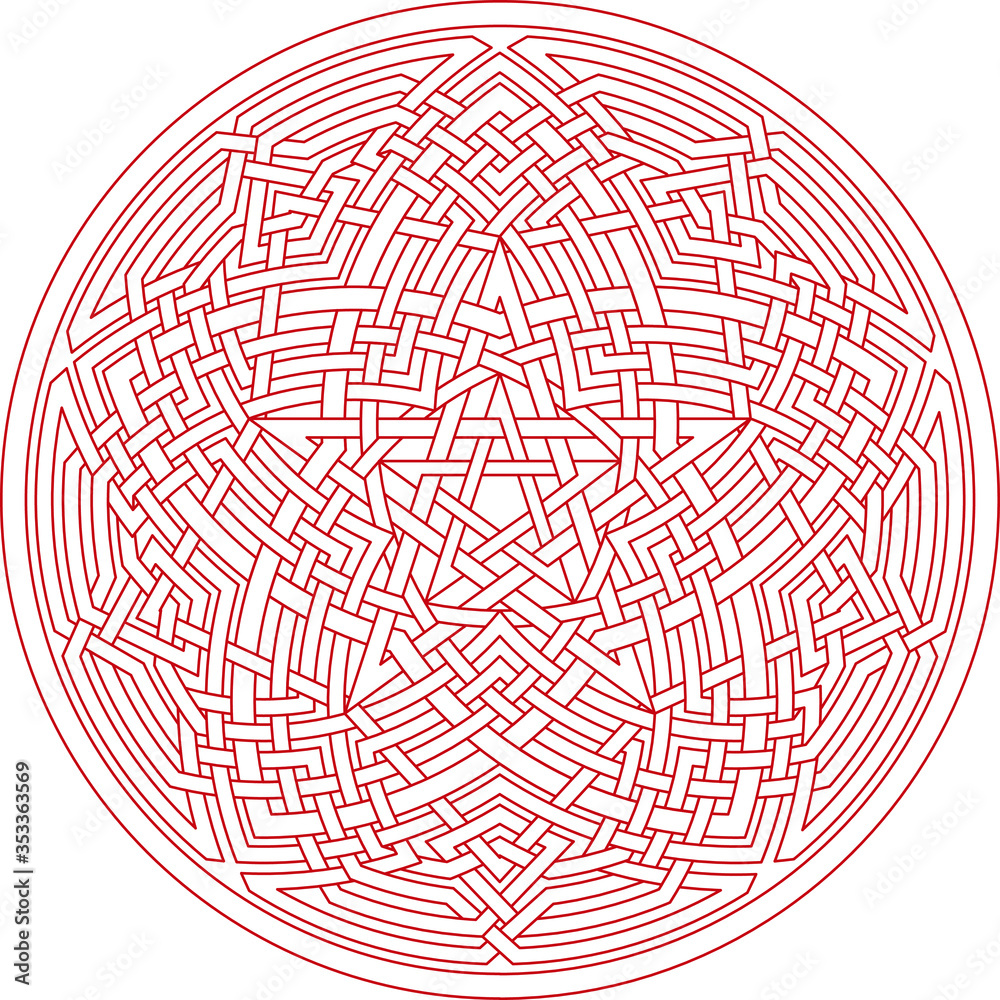 Pentagram with mandala ornament pattern with circular pentagon geometry background vector coloring book vector