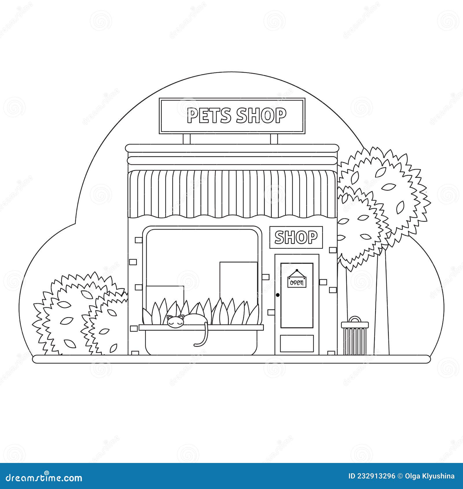 Pet shop coloring book store exterior graphic black white sketch stock vector