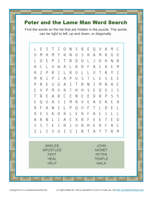 Peter and the lame man bible activity word search