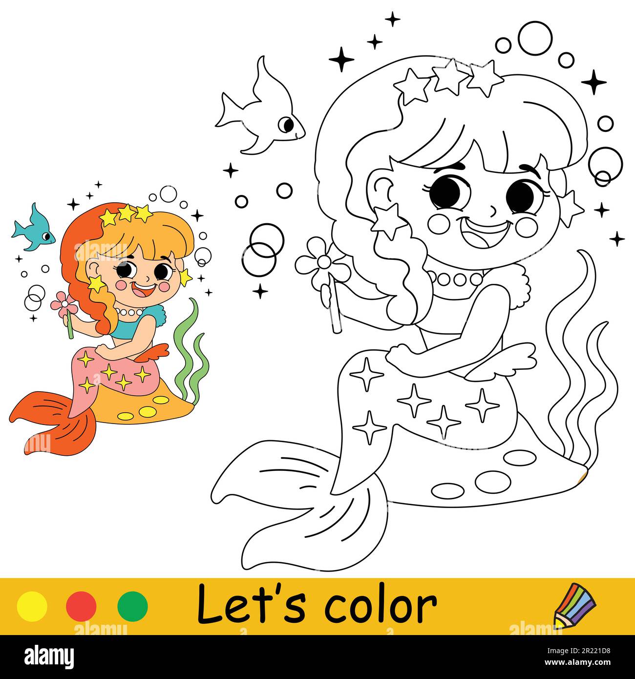 Linda sirena feliz y un pez vector ilustraciãn de dibujos animados niãos para colorear pãgina con una mutra de color para la impriãn diseão cartel etiqueta engomada tarjeta decoraciãn imagen vector de