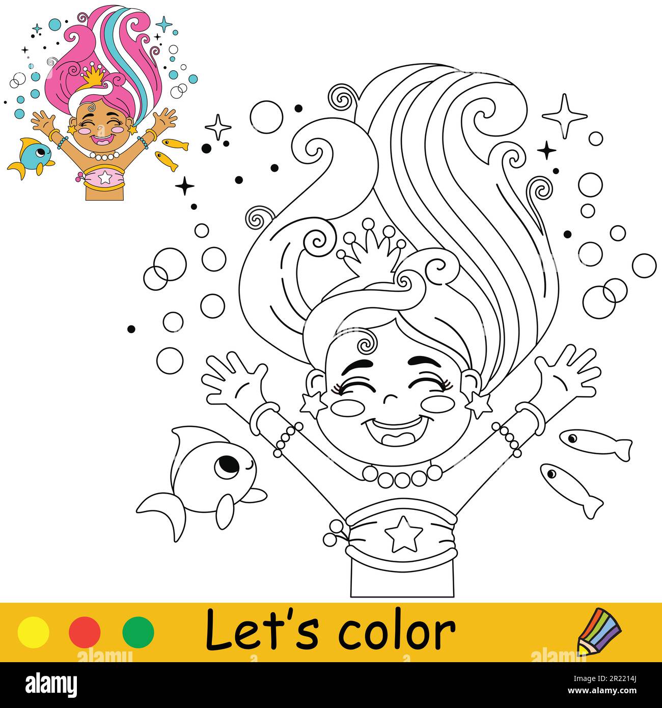 Linda sirena feliz y un pez vector ilustraciãn de dibujos animados niãos para colorear pãgina con una mutra de color para la impriãn diseão cartel etiqueta engomada tarjeta decoraciãn imagen vector de