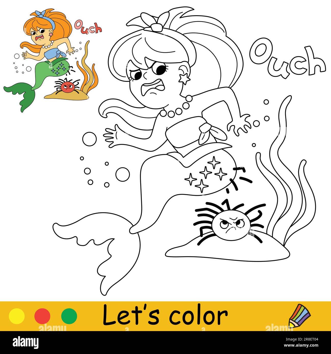 Sirena linda y feliz y pcado vector ilustraciãn de dibujos animados niãos para colorear pãgina con una mutra de color para la impriãn diseão cartel etiqueta engomada tarjeta decora imagen vector de