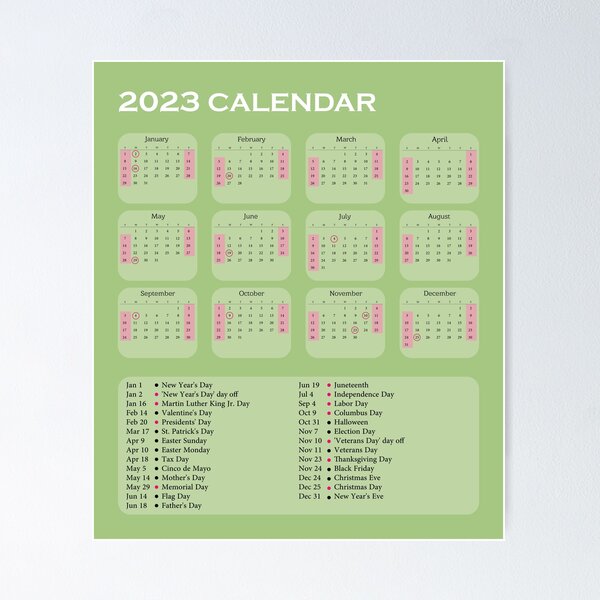Pink minimalistic calendar with holidays mon observances printable yearly calendar poster for sale by designartmed