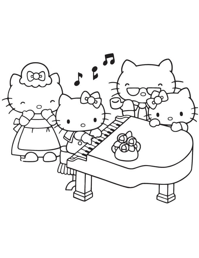 Hello kitty playing piano with family coloring page