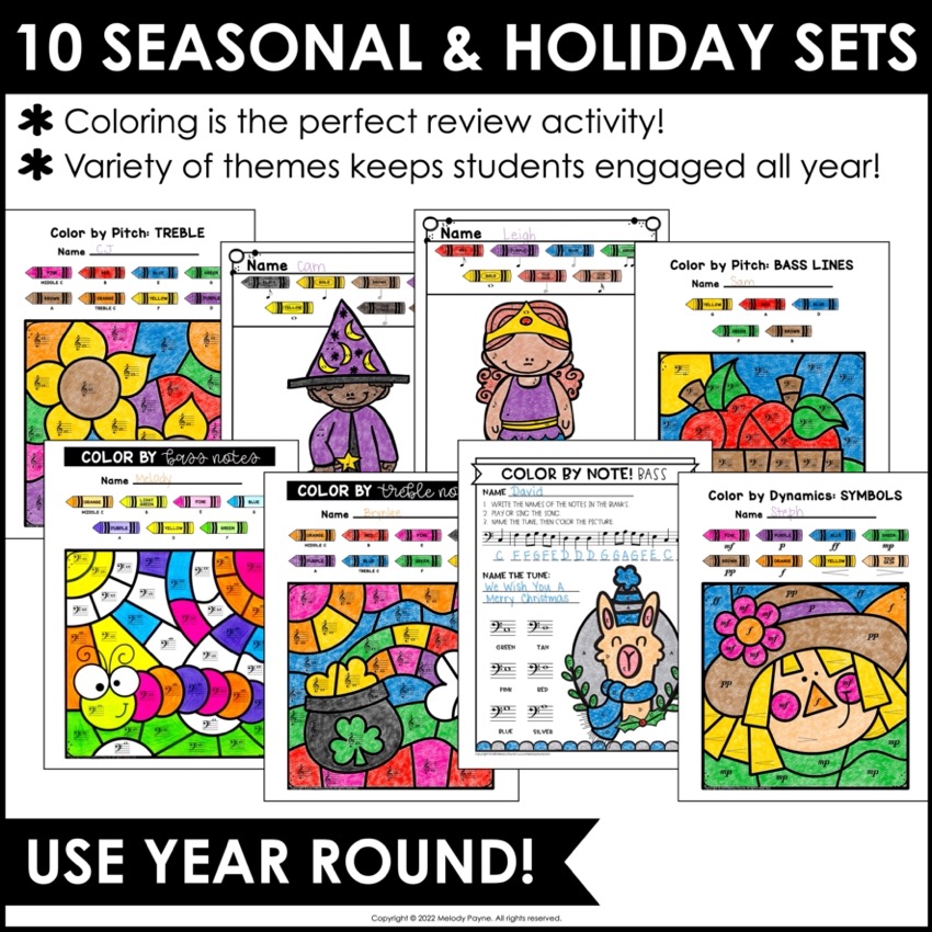 Color by music coloring pages bundle for piano lessons and music class